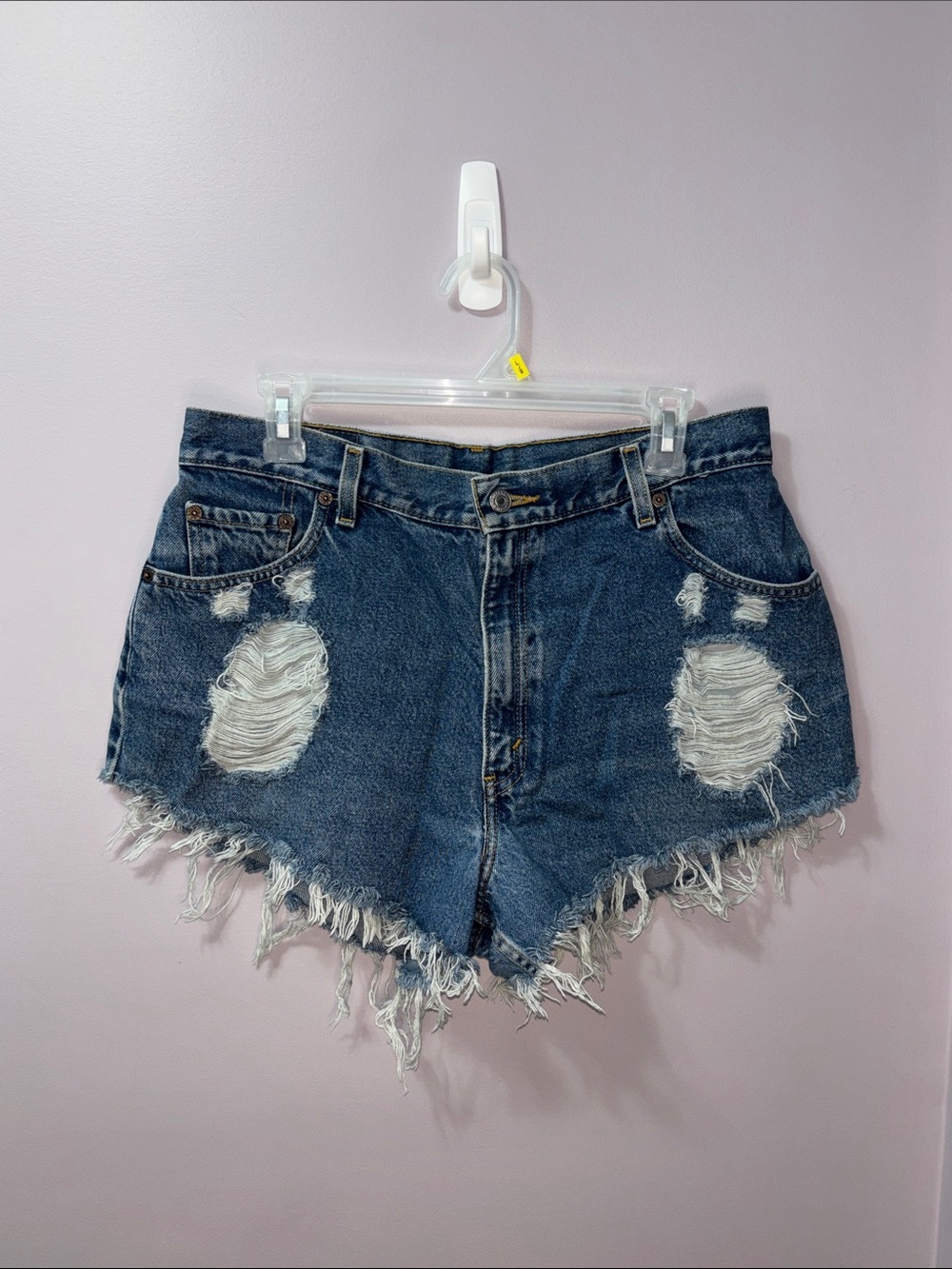 Vintage 90s Levi’s 550 High Waisted Distressed Cutoff Denim Shorts Medium Wash